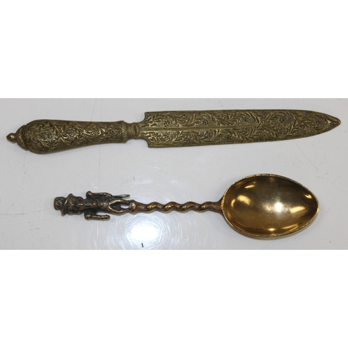 1462 - Qty of mixed small brassware to incl Tibetan temple bells, letter opener, spoons and other interesti... 