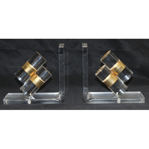 1625 - Pair of retro Lucite bookends with gold-coloured banding, approx 16.5cm H x 17cm W