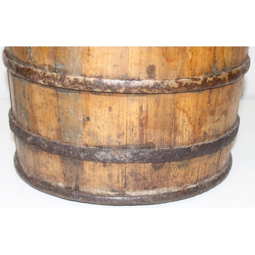 286 - Antique wooden water pale/bucket with iron attachments and banding, possibly Chinese, approx 34cm di... 