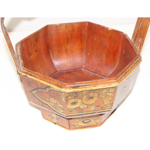 290 - Vintage lacquered Chinese wedding basket with handle and gilt decoration, approx 31cm x 33cm H