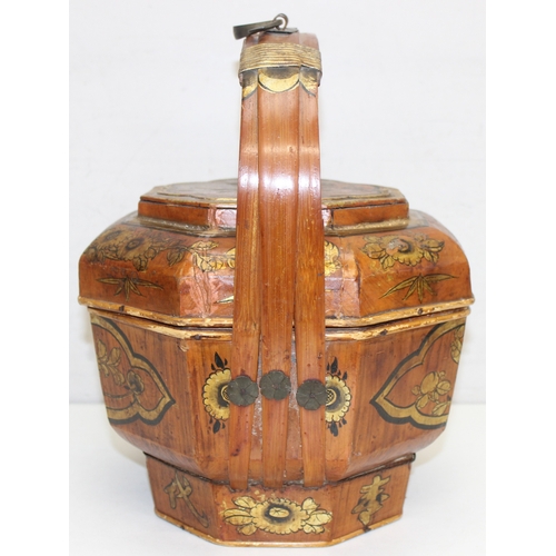 290 - Vintage lacquered Chinese wedding basket with handle and gilt decoration, approx 31cm x 33cm H