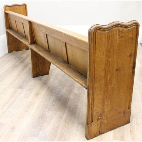 56 - Large vintage oak settle or church pew, approx 275cm W x 48cm D x 90cm H