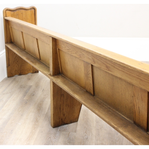 56 - Large vintage oak settle or church pew, approx 275cm W x 48cm D x 90cm H