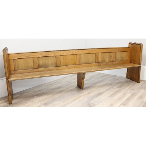 56 - Large vintage oak settle or church pew, approx 275cm W x 48cm D x 90cm H