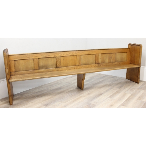 56 - Large vintage oak settle or church pew, approx 275cm W x 48cm D x 90cm H