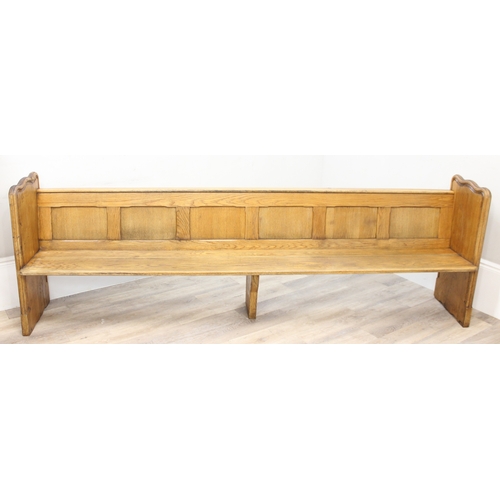 56 - Large vintage oak settle or church pew, approx 275cm W x 48cm D x 90cm H