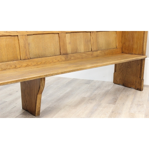 56 - Large vintage oak settle or church pew, approx 275cm W x 48cm D x 90cm H