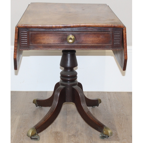 44 - A Regency period mahogany drop leaf table with single drawer, mounted on turned pillar and splayed l... 