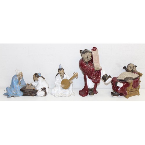 1694 - A set of 6 Oriental carved wooden figures with polychrome decoration, 4 assorted vintage Chinese pot... 