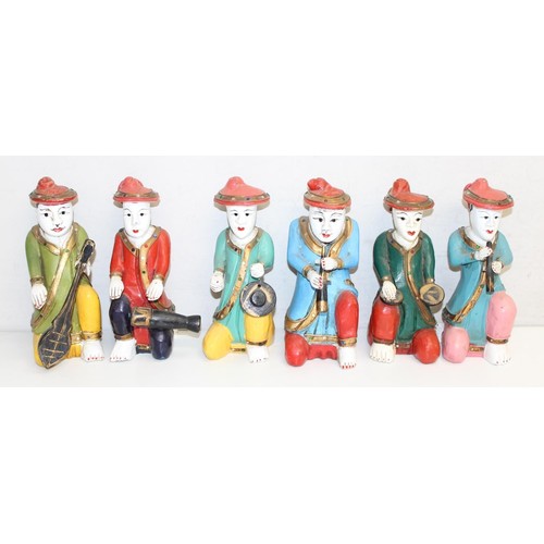 1694 - A set of 6 Oriental carved wooden figures with polychrome decoration, 4 assorted vintage Chinese pot... 