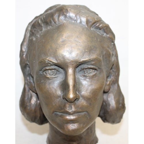 1480 - A mid-century bronze bust or sculpture of a young Lady Newall, mounted on an oak base, seemingly uns... 