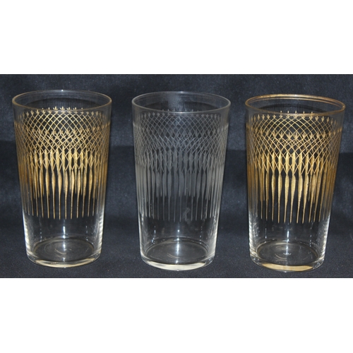 1485 - Set of 6 Victorian tumbler drinking glasses with hand-etched design and gilt decoration, approx 12cm... 