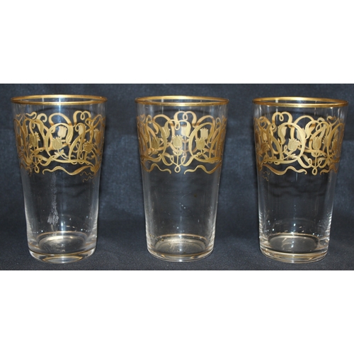 1486 - 11 Victorian short drinking glasses with decorative hand-painted Art Nouveau floral gilt design, app... 