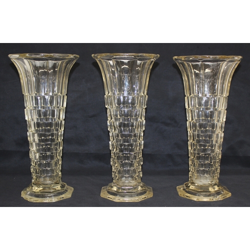 1652 - A set of 3 Victorian glass of large size vases, each with an off-set octagonal design, approx 36cm H