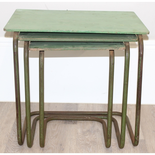 19 - Nest of 3 retro painted green tables and small wicker children's chair, largest table approx 56cm x ... 