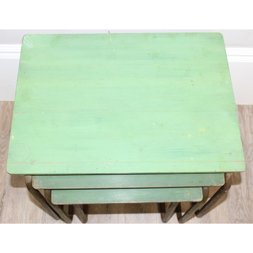 19 - Nest of 3 retro painted green tables and small wicker children's chair, largest table approx 56cm x ... 