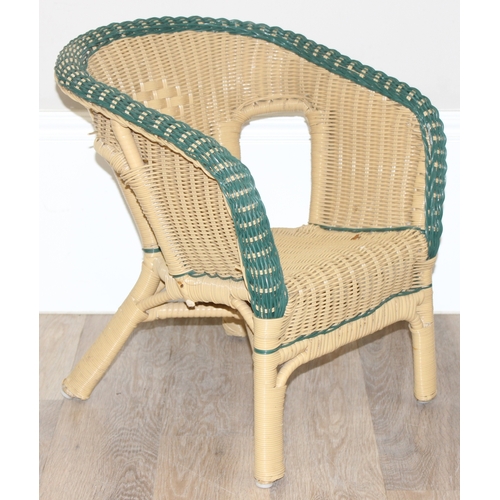 19 - Nest of 3 retro painted green tables and small wicker children's chair, largest table approx 56cm x ... 