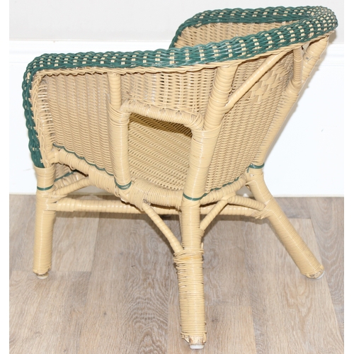 19 - Nest of 3 retro painted green tables and small wicker children's chair, largest table approx 56cm x ... 