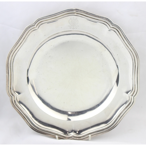 1028 - An antique French silver plate or salver with engraved crest, French silver export marked for 950 si... 