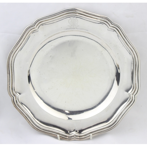 1028 - An antique French silver plate or salver with engraved crest, French silver export marked for 950 si... 