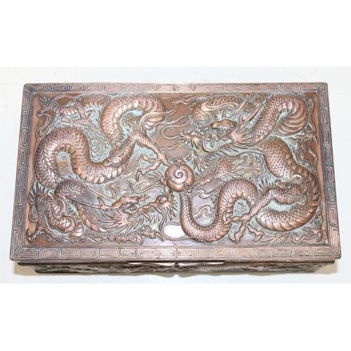 1047 - An Oriental silver plated or antimony jewellery casket decorated with dragons, unusual large size, a... 