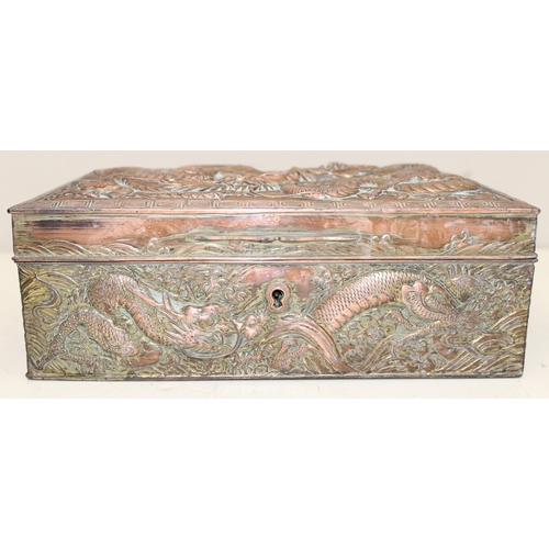 1047 - An Oriental silver plated or antimony jewellery casket decorated with dragons, unusual large size, a... 