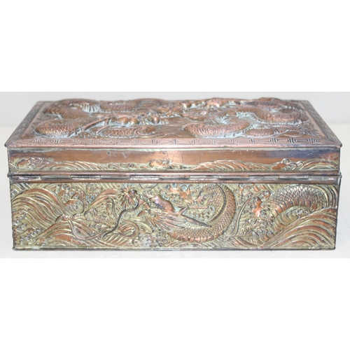 1047 - An Oriental silver plated or antimony jewellery casket decorated with dragons, unusual large size, a... 