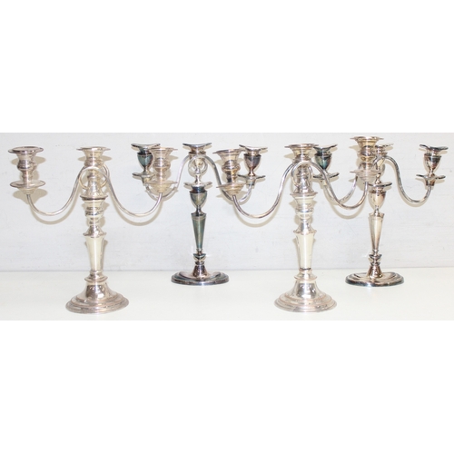 1048 - 2 pair of silver-plated 3-branch metamorphic candelabras, the largest approx 30cm H