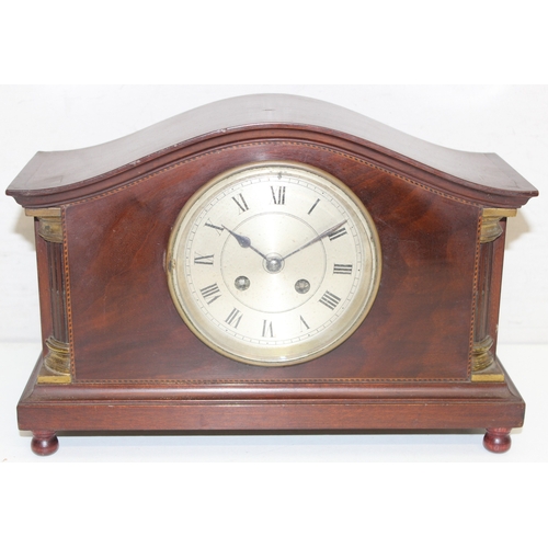 1362 - Vintage French made wooden cased mechanical mantel clock with column decoration, approx 33cm x 12cm ... 