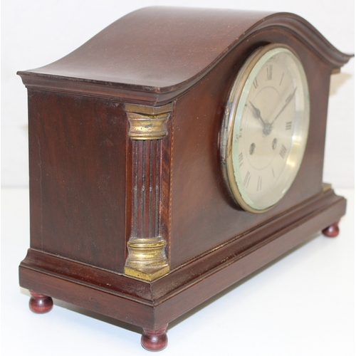 1362 - Vintage French made wooden cased mechanical mantel clock with column decoration, approx 33cm x 12cm ... 