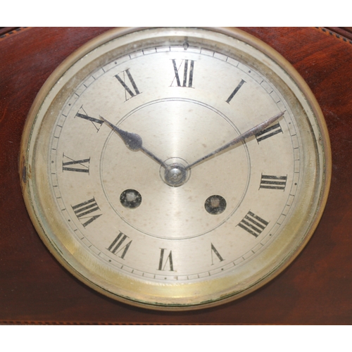 1362 - Vintage French made wooden cased mechanical mantel clock with column decoration, approx 33cm x 12cm ... 