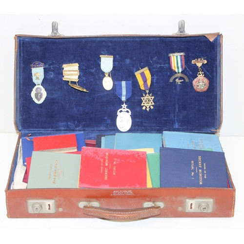 1431 - Vintage leather case initialled G.H., with Masonic contents to incl medals, aprons, gloves, sash and... 