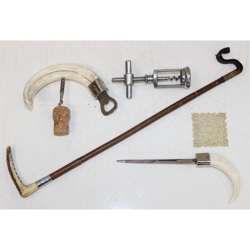 1473 - Assorted items to incl antler-handled riding crop, bone-handled tool, corkscrew etc