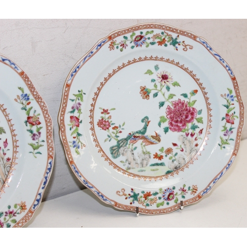 1491 - A set of 4 Chinese export porcelain plates with polychrome decoration, Double Peacock pattern, likel... 