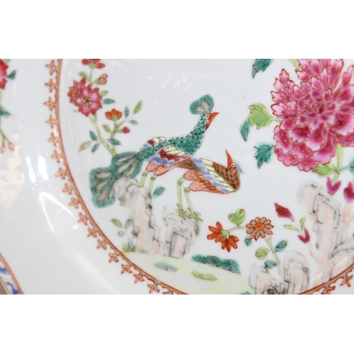 1491 - A set of 4 Chinese export porcelain plates with polychrome decoration, Double Peacock pattern, likel... 