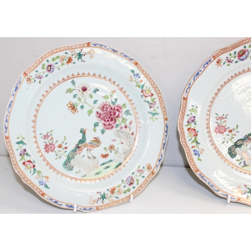 1491 - A set of 4 Chinese export porcelain plates with polychrome decoration, Double Peacock pattern, likel... 