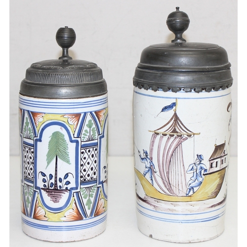 1493 - 2 18th century German faience pottery and pewter steins or lidded tankards, one dated 1749 depicting... 