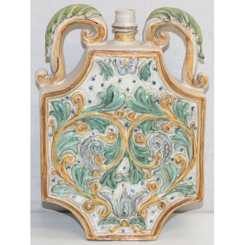 1498 - An Italian majolica (maiolica) style 2 handled releif decorated vase or vessel, marked to the back 