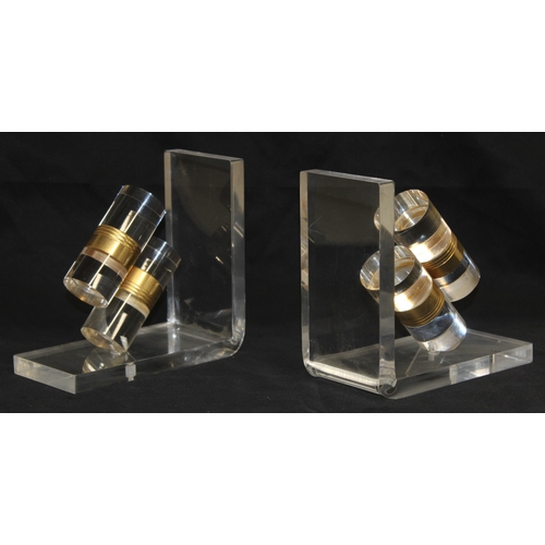 1625 - Pair of retro Lucite bookends with gold-coloured banding, approx 16.5cm H x 17cm W