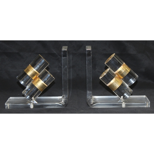 1625 - Pair of retro Lucite bookends with gold-coloured banding, approx 16.5cm H x 17cm W