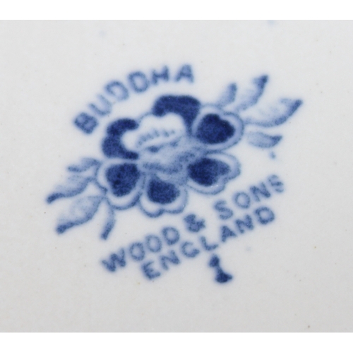 1656 - Qty of blue and white Wood & Sons dinnerware in the Buddha pattern, to incl plates and tureens