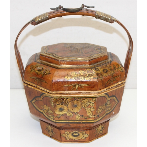 290 - Vintage lacquered Chinese wedding basket with handle and gilt decoration, approx 31cm x 33cm H