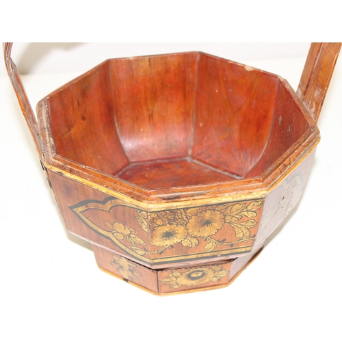 290 - Vintage lacquered Chinese wedding basket with handle and gilt decoration, approx 31cm x 33cm H