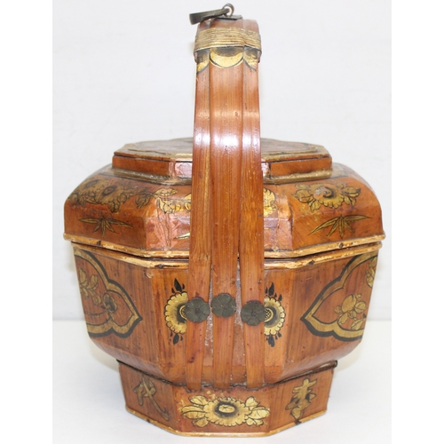 290 - Vintage lacquered Chinese wedding basket with handle and gilt decoration, approx 31cm x 33cm H