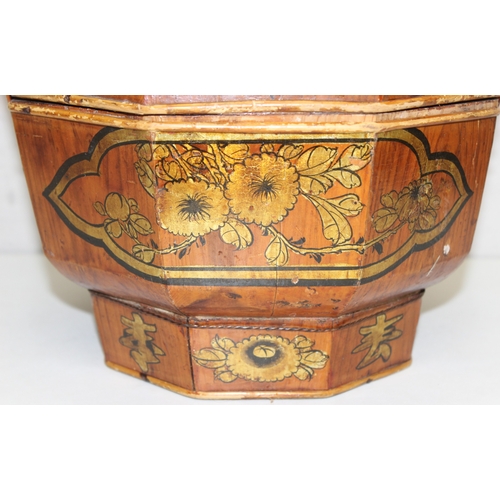 290 - Vintage lacquered Chinese wedding basket with handle and gilt decoration, approx 31cm x 33cm H