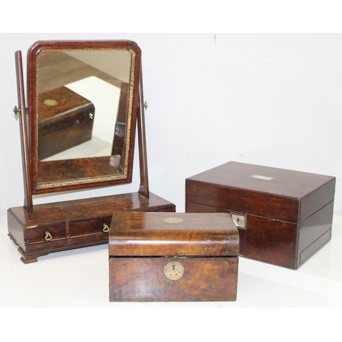 291 - 19th century mahogany framed table top mirror with 3 drawers, approx 40cm W  x 51cm H, and 2 antique... 