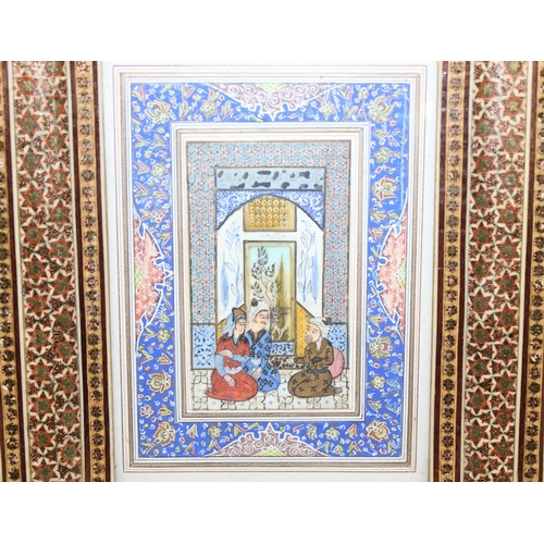 1492D - Vintage Persian easel-backed photo frame with a miniature painting of a young couple, approx 25cm x ... 