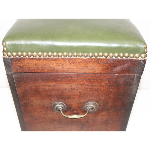 73 - Vintage green-leather topped box seat/stool with handles and interior storage compartment, on bun fe... 