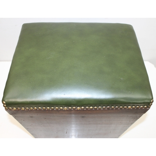 73 - Vintage green-leather topped box seat/stool with handles and interior storage compartment, on bun fe... 