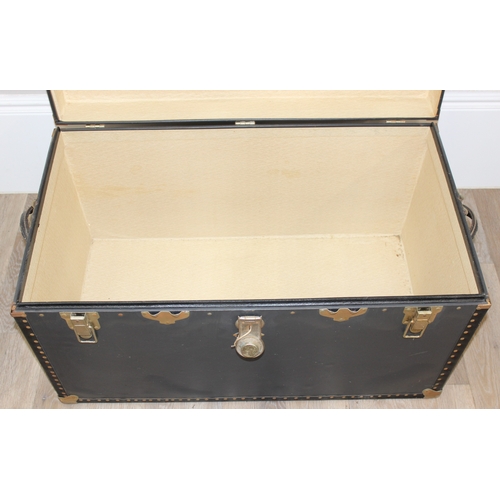 111 - A vintage style black shipping trunk with metal corners, approx 91cm wide x 51cm deep x 51cm tall